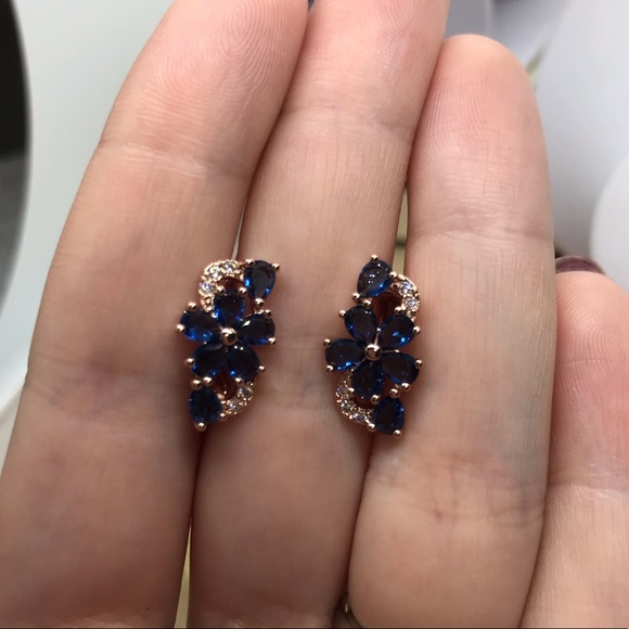 Gold Plated Blue Flower Earrings - Picture 2 of 4